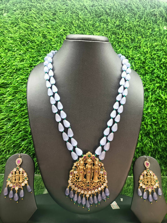 Ram Parivar Victorian Mozonite Long Necklace Set with Monalisa Beads