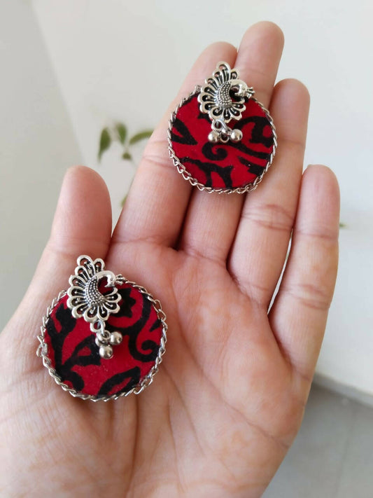 Red Printed Peacock Studs Earrings
