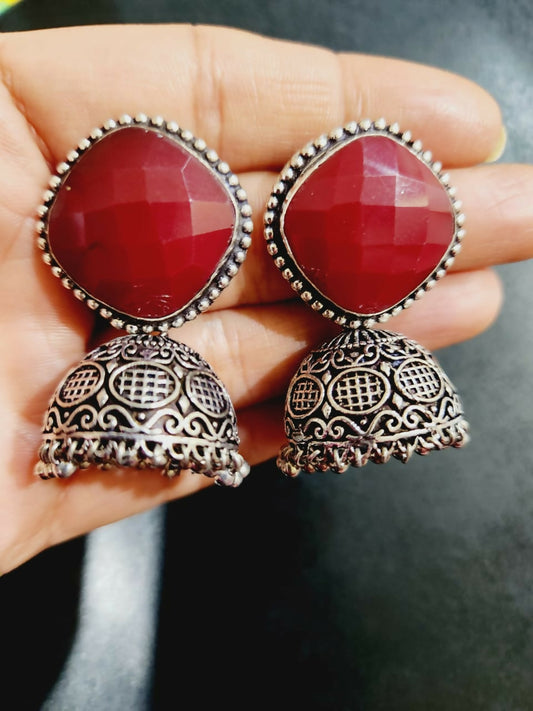 Red Silver Plated Jhumkas