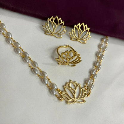 White Beaded Gold Finish Necklace Set