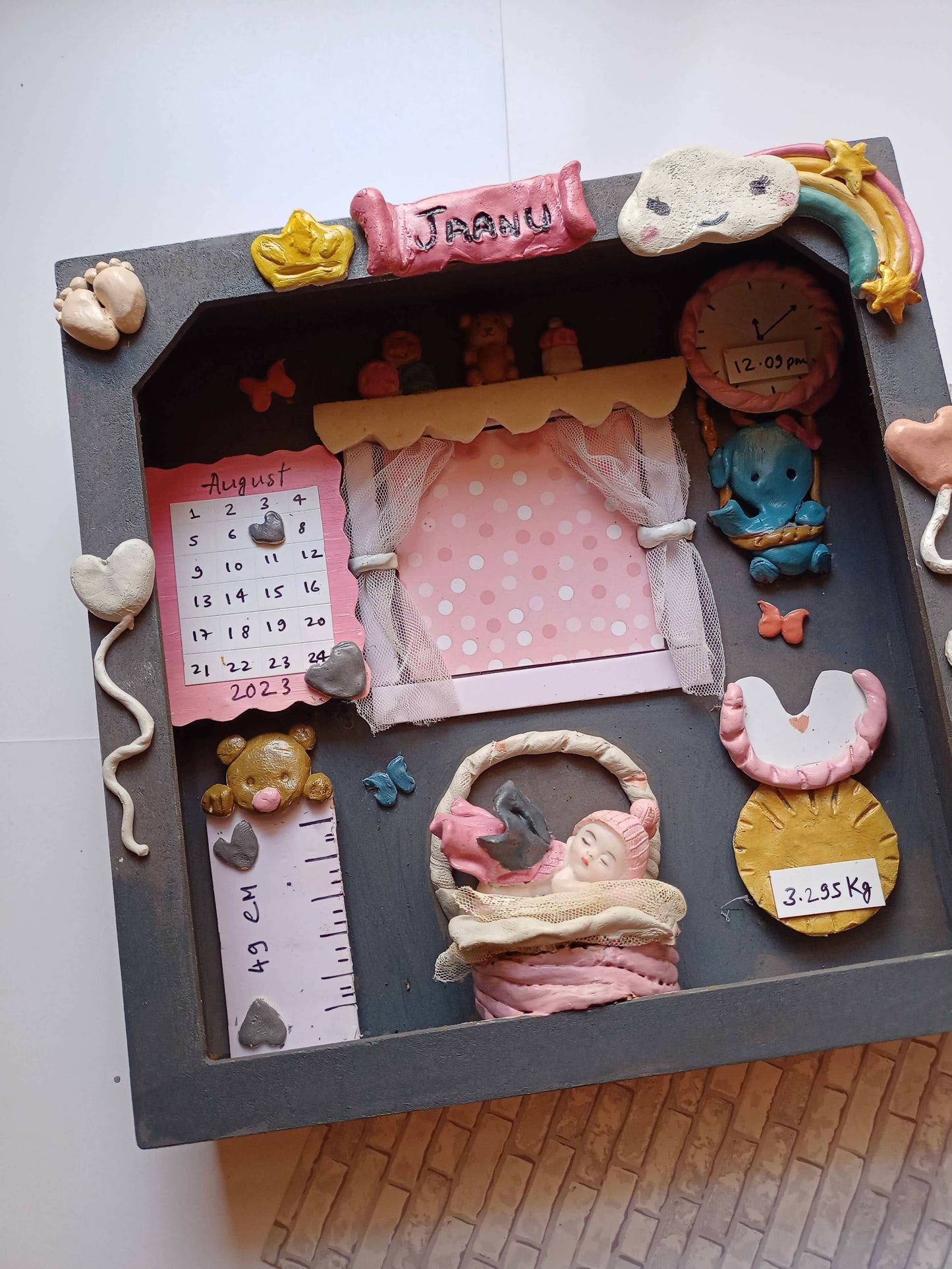 Miniature baby girl keep sake shadow box frame customised with name and props