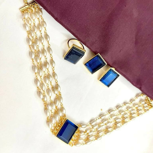 Navy Blue Beaded Necklace Set