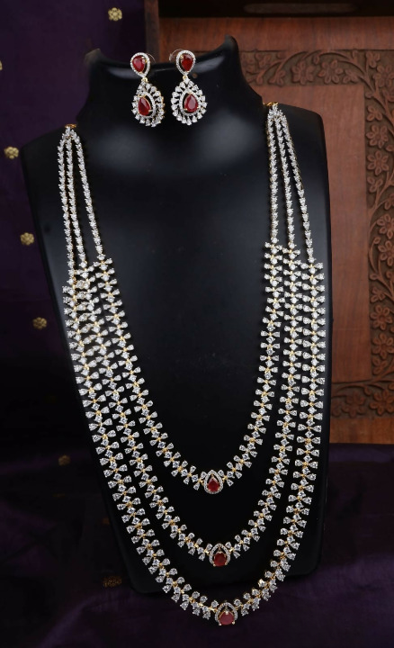 American Diamond Three Layered Long Necklace Set