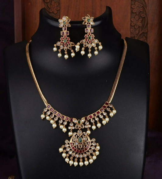 White Pearl Studded Pendant Style Necklace Set
