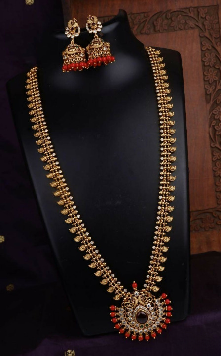 Red Stone Studded Gold Finish Long Necklace Set