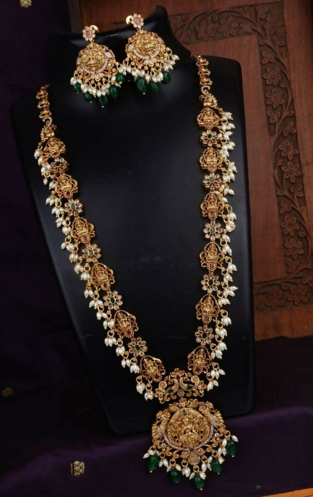 White Beaded Golden Matte Finish Long Necklace Set