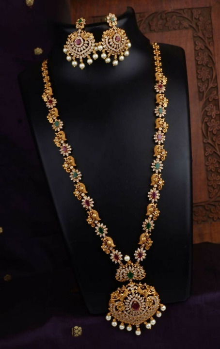 Diamond Studded Matte Finish Long Necklace Set