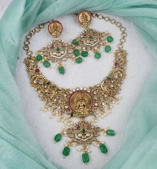 Gold Plated Green Crystal Beads Necklace Set