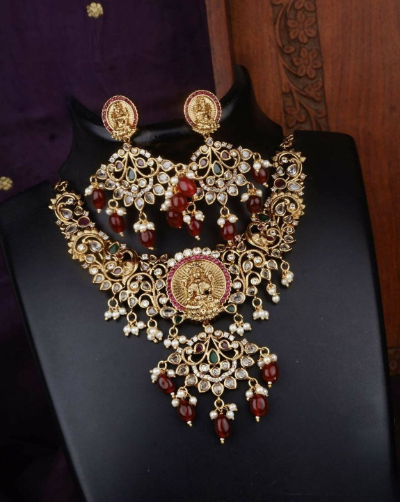 Gold Plated Goddess Maroon Necklace Set