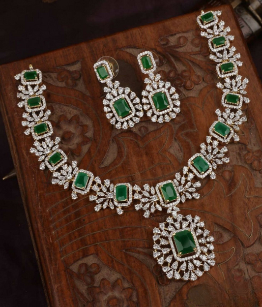 Elegant Green Emerald AD Necklace Set