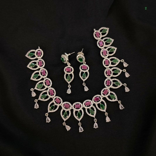 Rhodium Radiance Green and Magenta Necklace Set