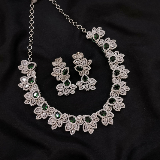Green Stone Studded Floral Diamond Necklace Set