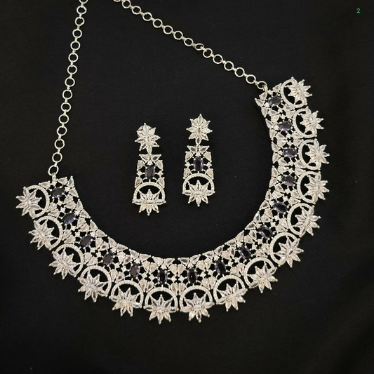 Rhodium Plated Navy Blue Stone Studded Diamond Necklace Set