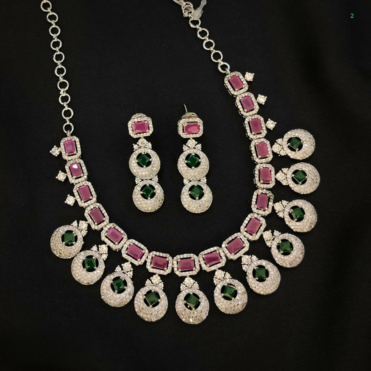 Elegant Magenta and Green Rhodium Finish Necklace Set