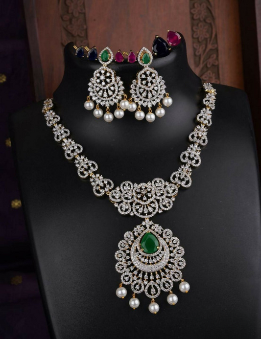 American Diamond White Pearls Necklace Set