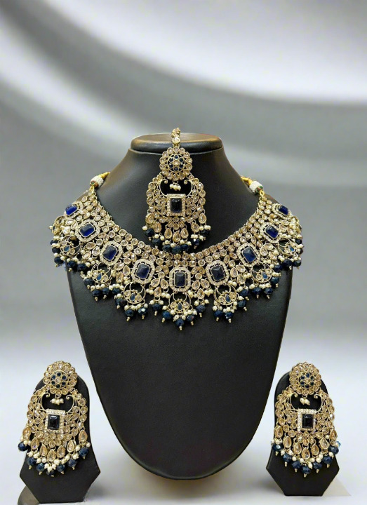 Navy Blue Kundan Studded Bridal Necklace Set