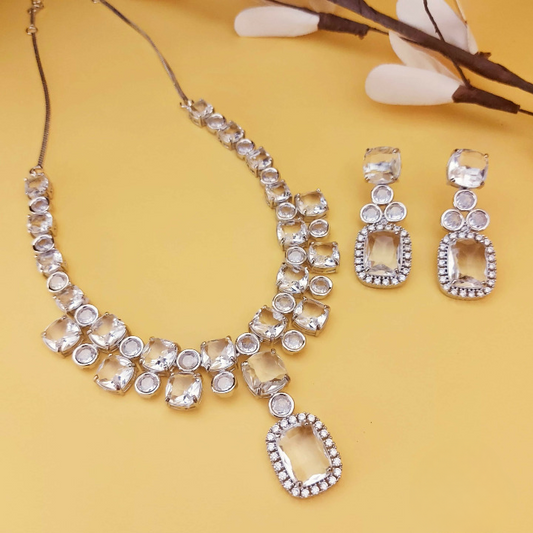 Elegant Crystal Clear Rhodium Finish AD Necklace Set