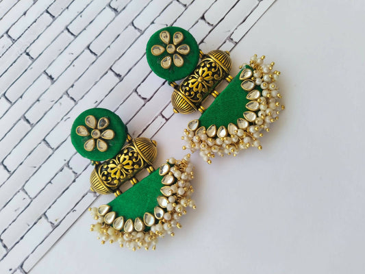 Green Kundan With Semi Circle Earrings