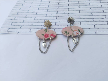 Lotus Floral Printed With Silver Chain Earrings for Women