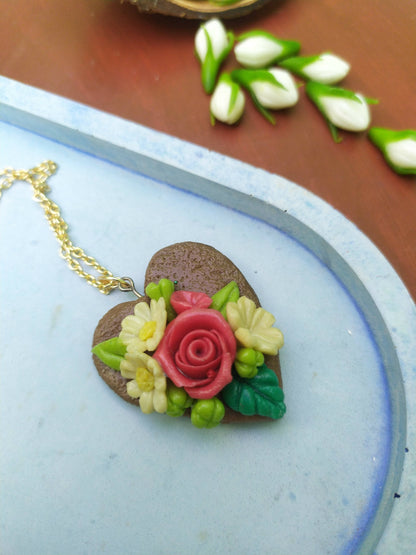 Heart shape with clay rose pendant with chain