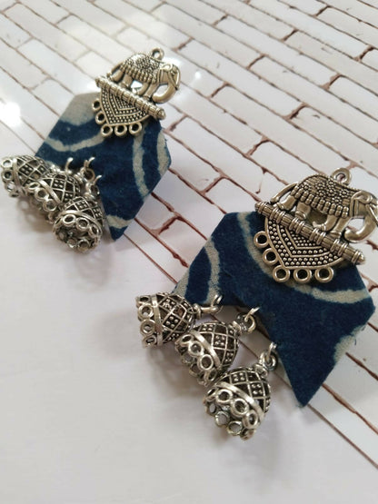 Indigo Blue Printed Elephant Charm Earrings For Women