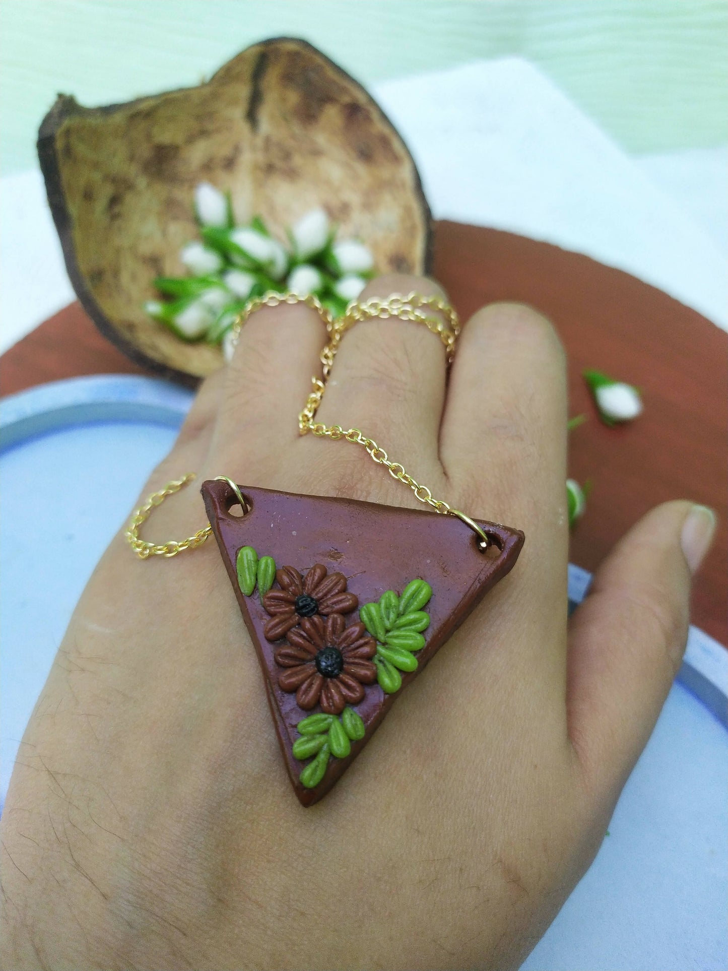 Coffee brown colour clay embroidery pendant with chain