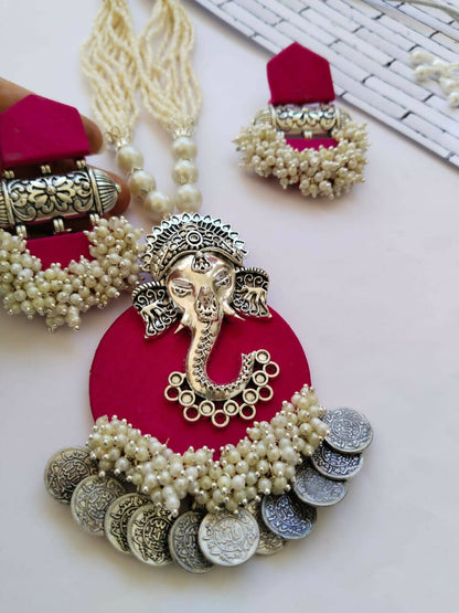 Pink and Silver Beads Ganpati Necklace Set