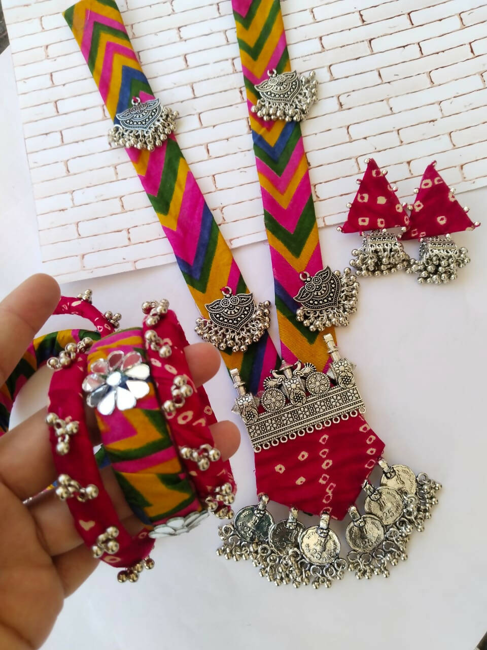 Multicolor Printed Fabric Necklace Earrings and Bangles Set
