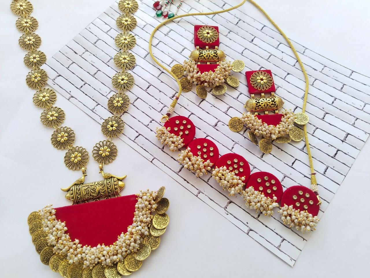 Red Necklace Choker Earrings Set with Kundan and Golden Beads
