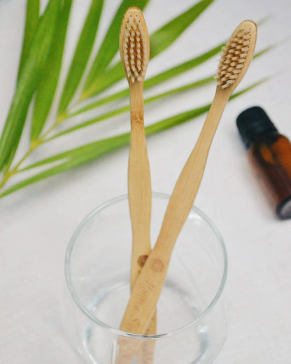 Oral Care Set - Bamboo Bristle Toothbrush and Copper Tongue Cleaner (Pack of 2)