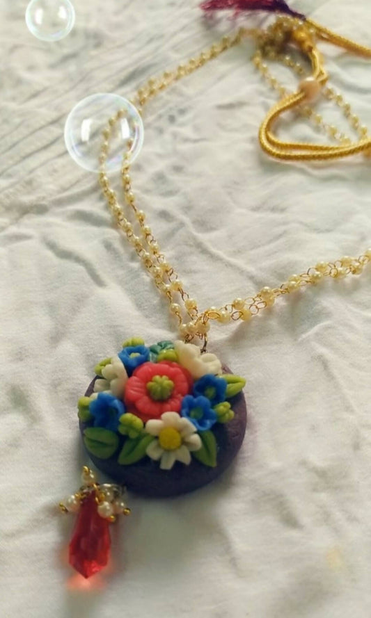 flowers pendant with pearl chain|| multicolour pendant chain