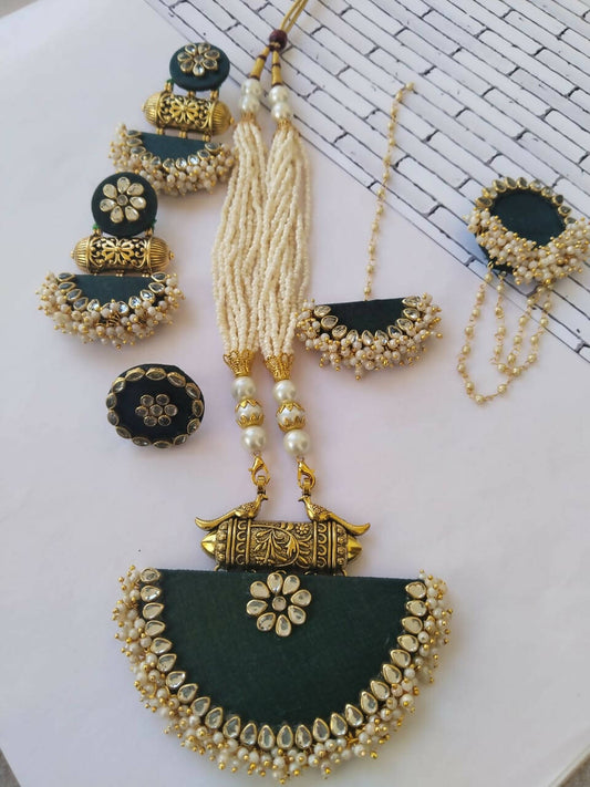 Bottle Green Long Motimala Necklace Earrings Bracelet and Tika Set