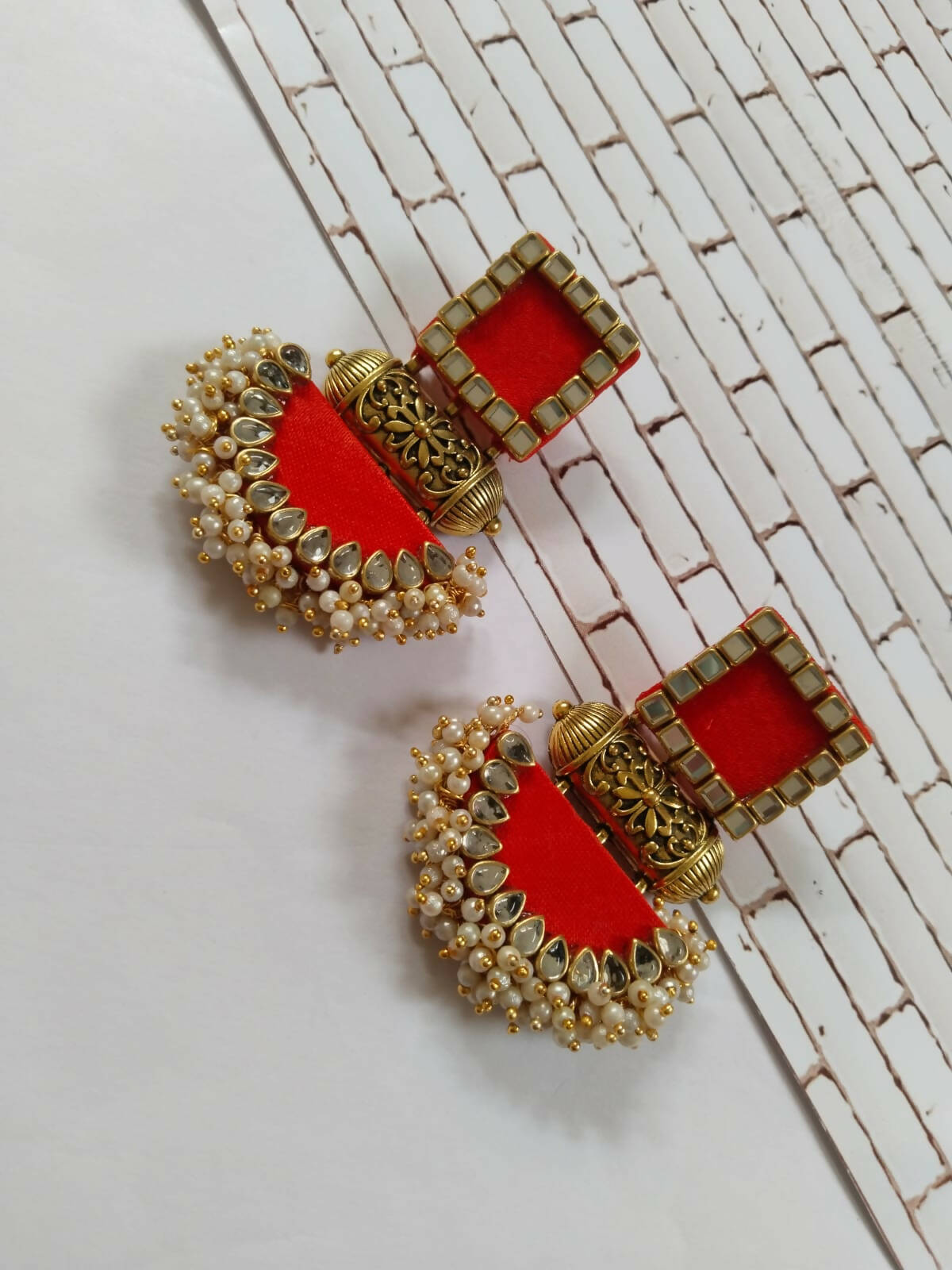 Bright Red Rectangular Beaded Earrings for Women