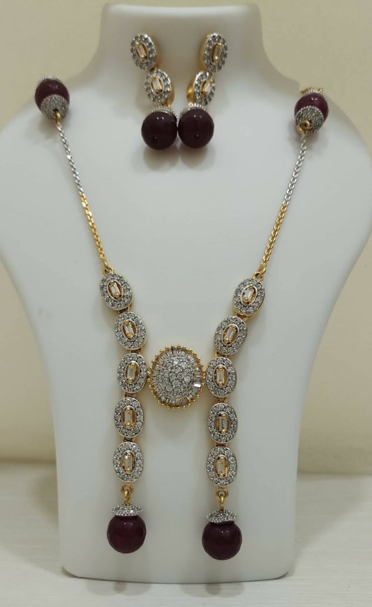 Gold Plated Wine Pearl AD Necklace Set