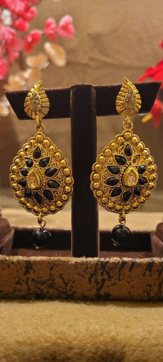 Gold Plated Black Ethnic Earrings