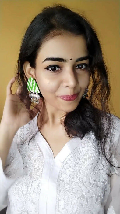 Green fabric silver jhumkas | Stylish fabric earrings online