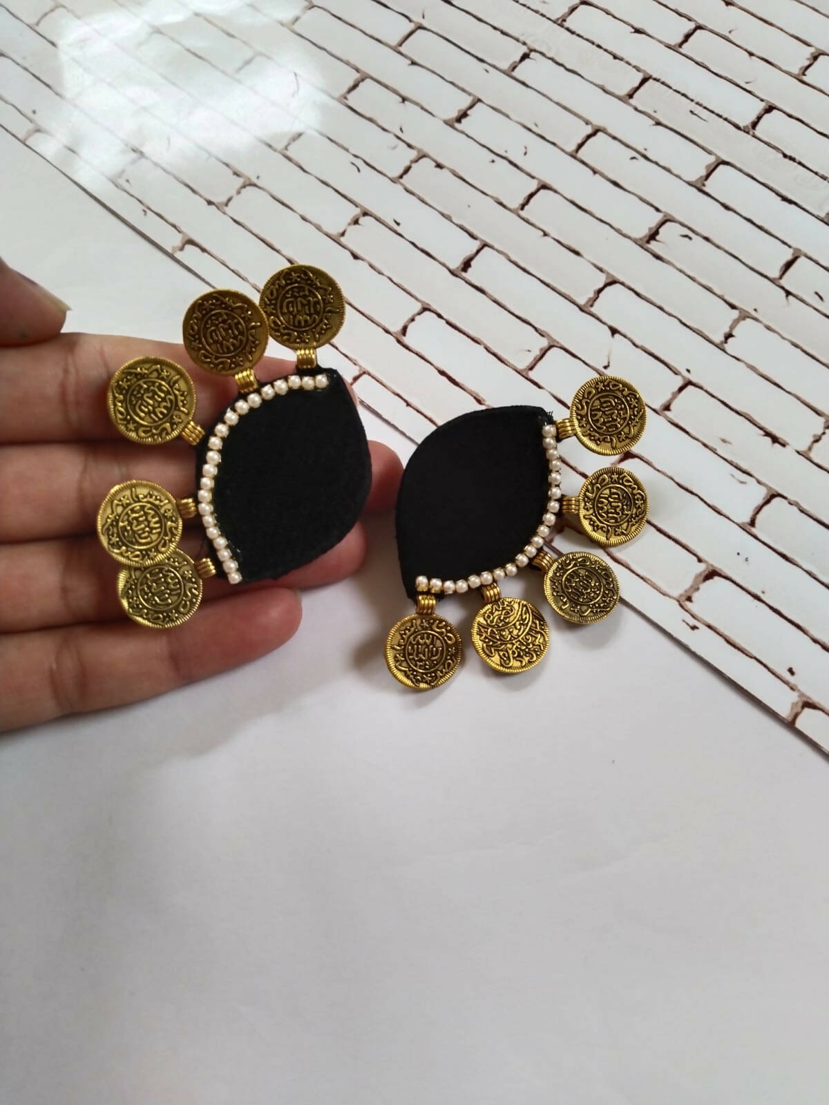 Black Semi Circular Beaded Studs Earrings