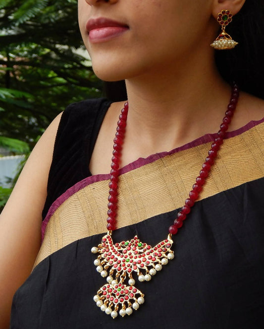 Maroon Kemp Pheonix Pendant with Maroon Agate Beads Necklace Set by Nishna Designs
