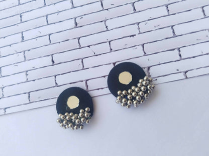 Tiny Dark Blue and Silver Round Studs Earrings