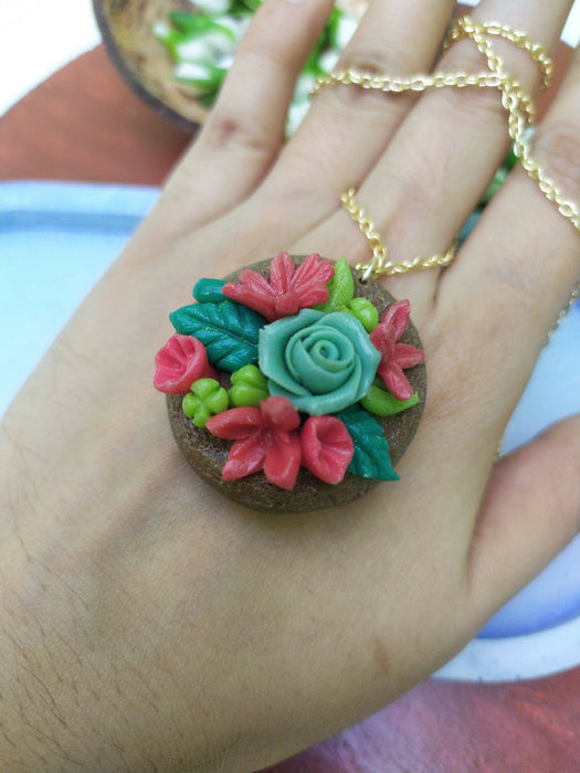 Sky blue rose &red tiny flowers pendant with chain