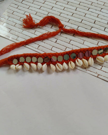 Red Threads and Mirror Shell Choker Necklace Adjustable