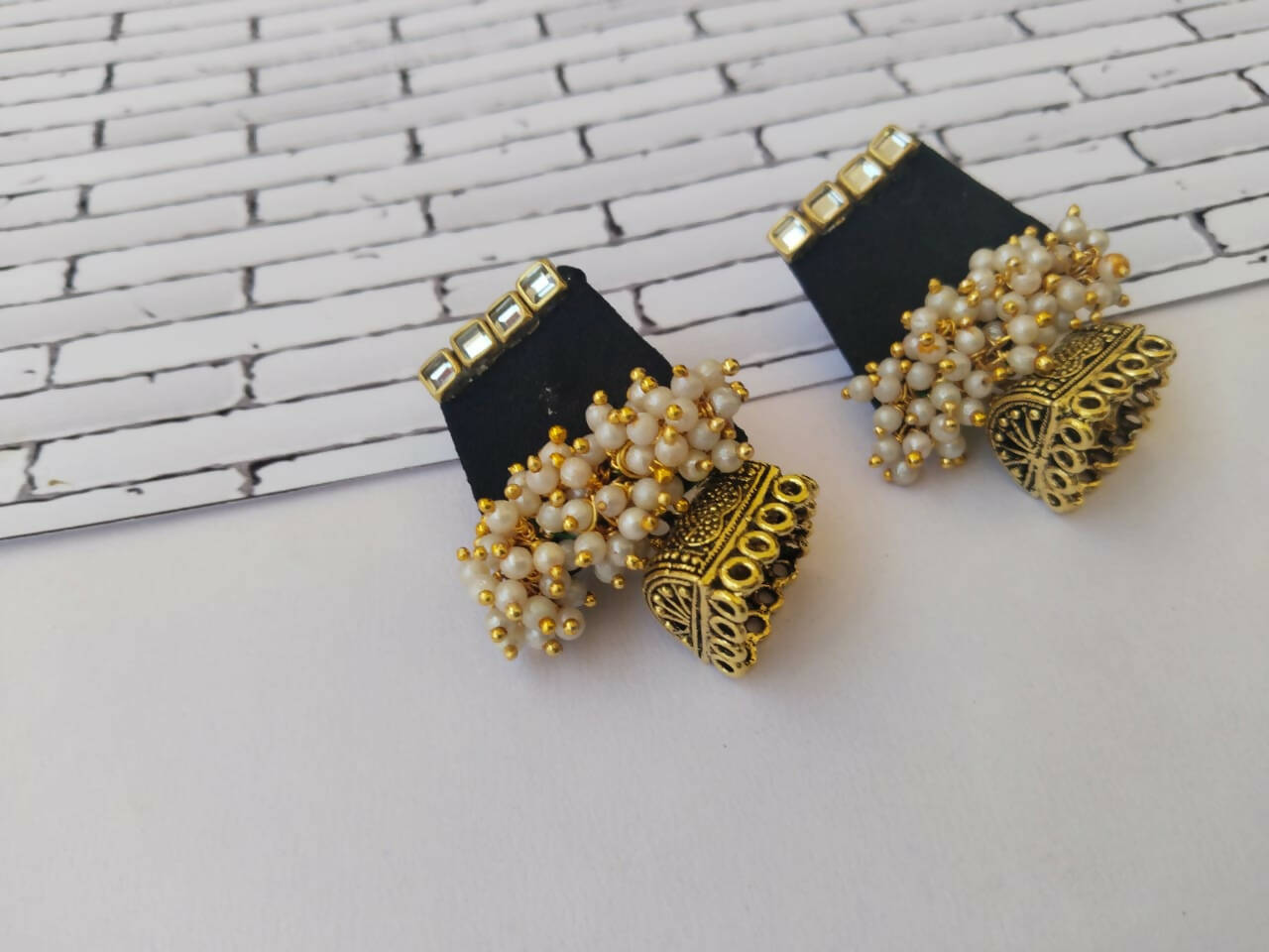Black and Golden Beaded Jhumka Earrings