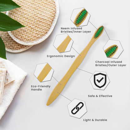 Arista Bamboo Toothbrush with Neem and Charcoal Activated Soft Bristles Antibacterial and Biodegradable (4 Adult Bamboo Toothbrush)