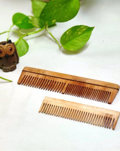 Neem Wood Combs, Fine teeth with handle comb & Dual teeth comb -set of 2