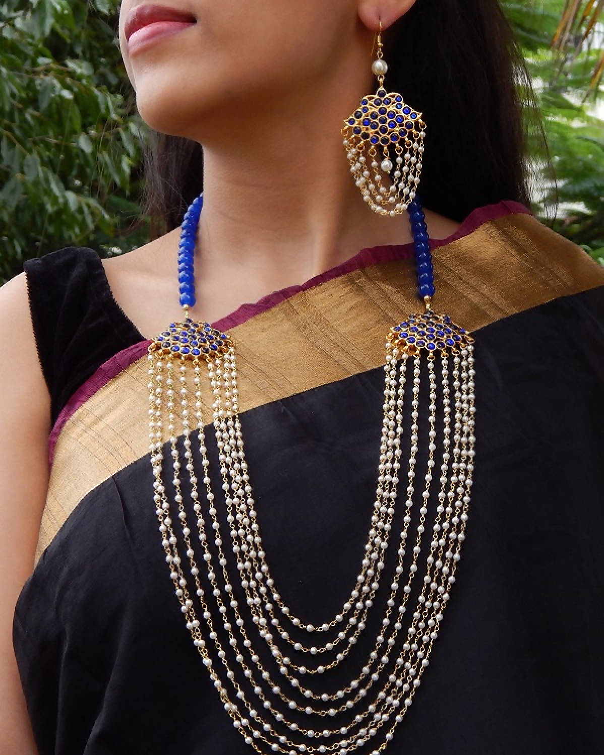 Designer Handmade Nine layer white pearl chain Blue Kemp pendant with Blue Agate beads Necklace Set by Nishna Designs