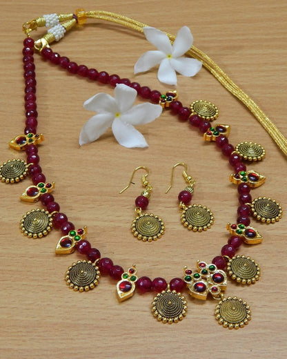 Oxidized Coin charms with Maroon Kemp motifs and Maroon Agate beads Necklace Set by Nishna Designs
