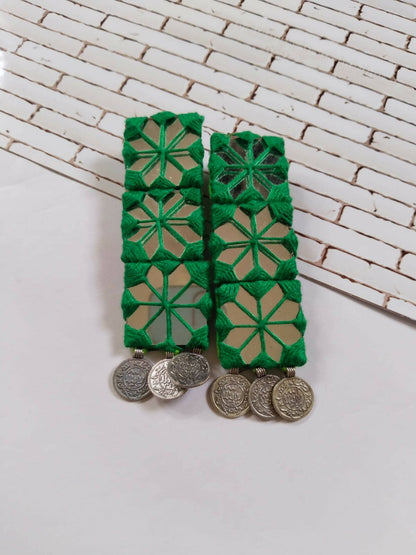 Dark Green Mirror Long Coins Earrings For Women