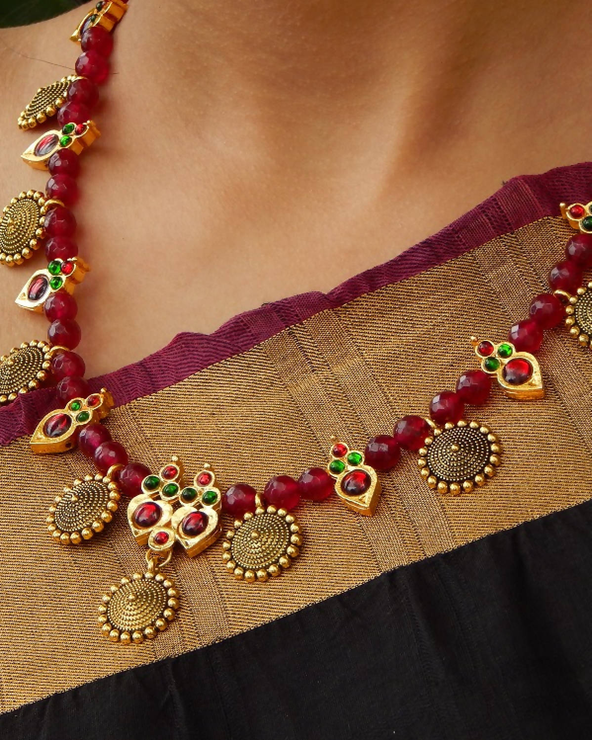 Oxidized Coin charms with Maroon Kemp motifs and Maroon Agate beads Necklace Set by Nishna Designs