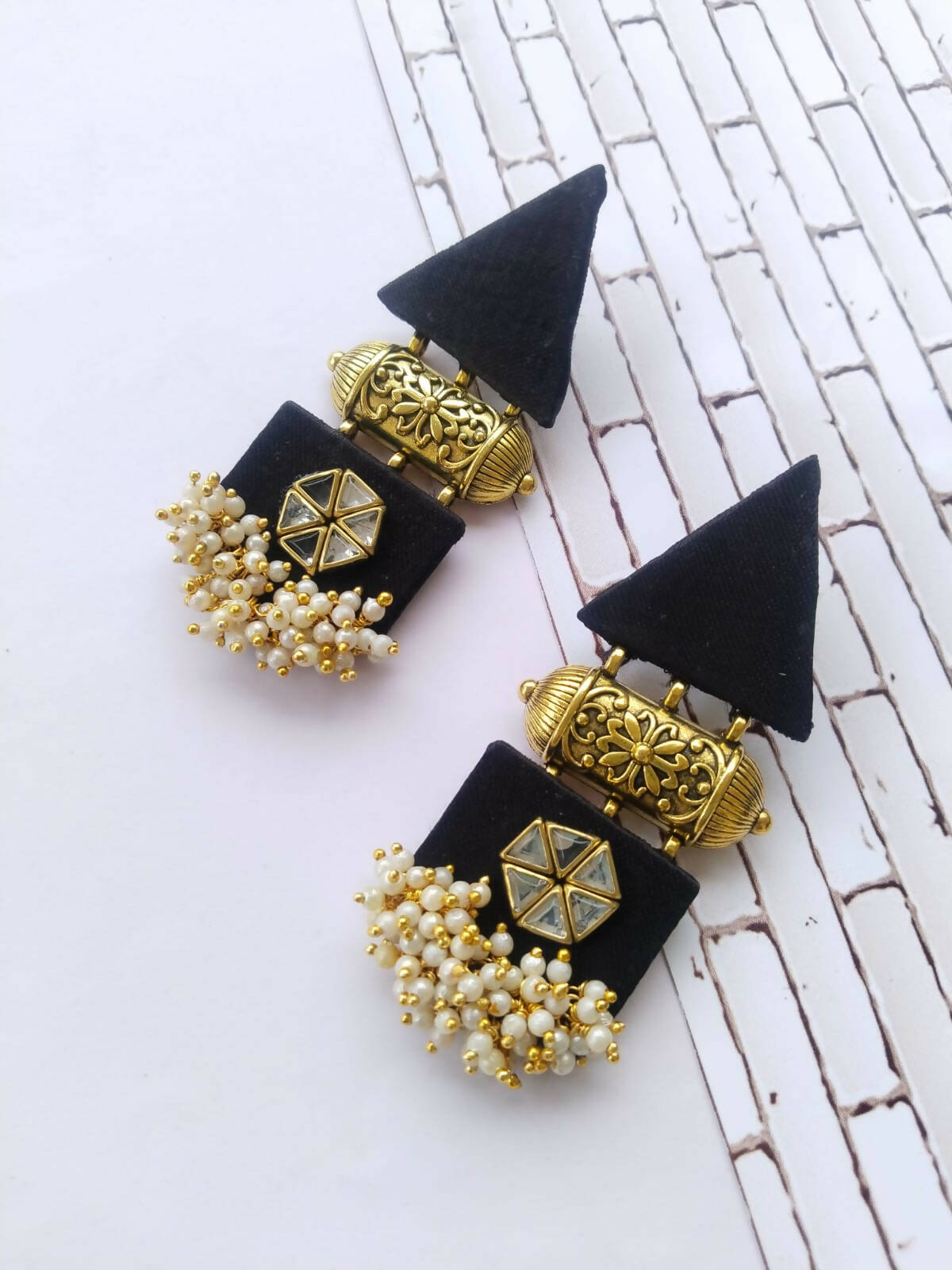 Black and Gold Triangular Fabric Earrings