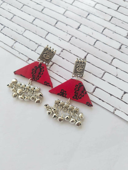 Red Printed Swan and Silver Ghungroo Earrings